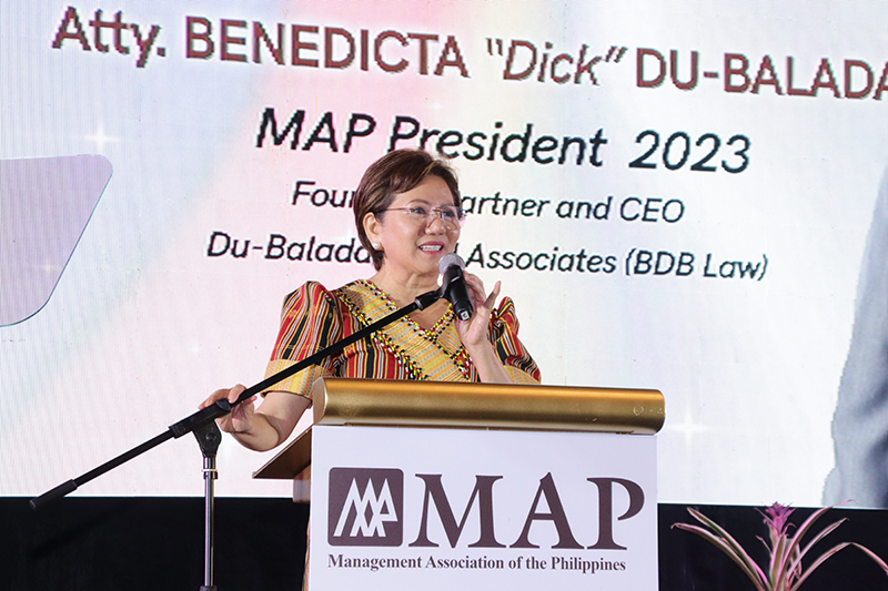 Photo shows Atty. Dick during her inaugural speech as 2023 MAP President
